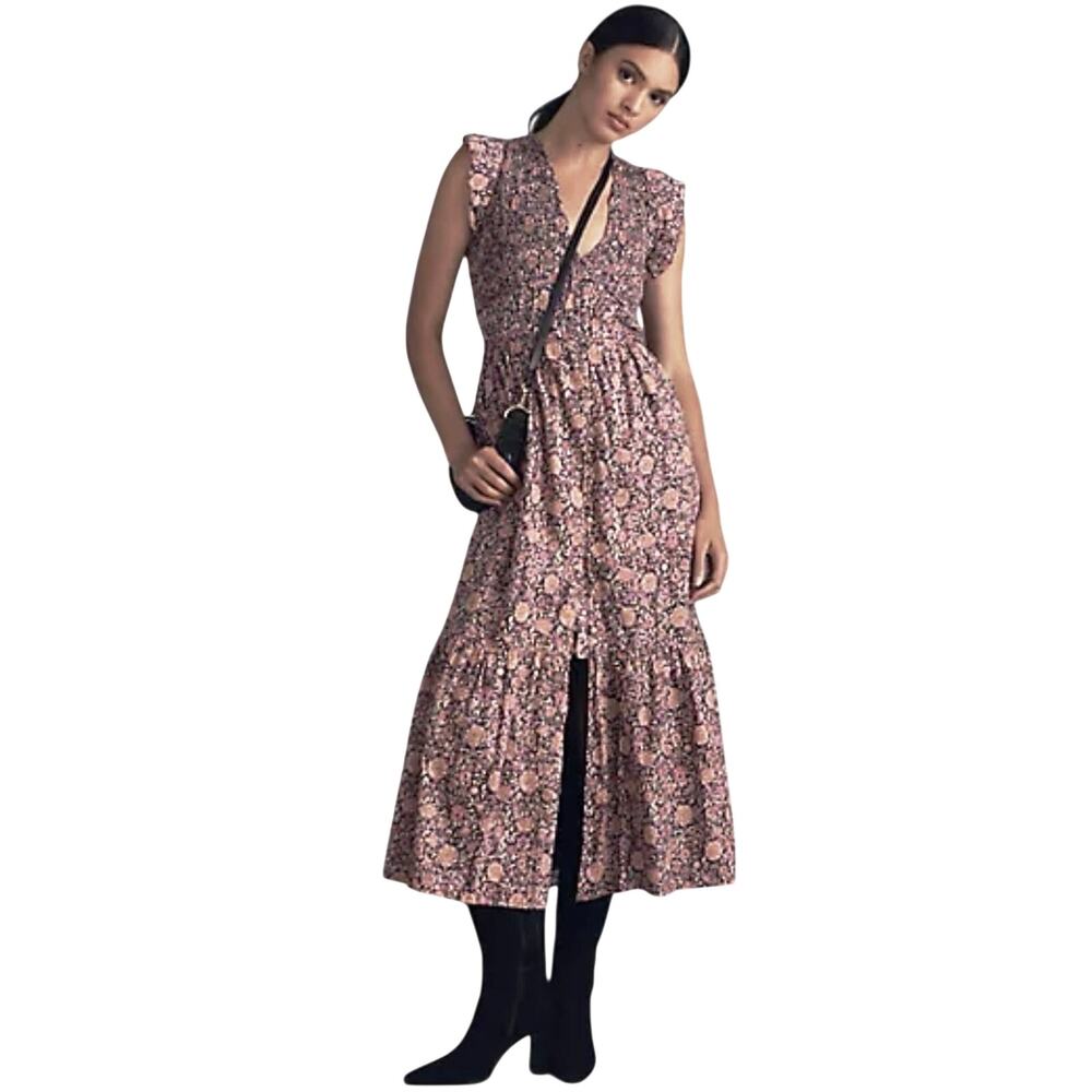 ANTHROPOLOGIE Boho Black Base Floral Printed Button Up Midi Dress